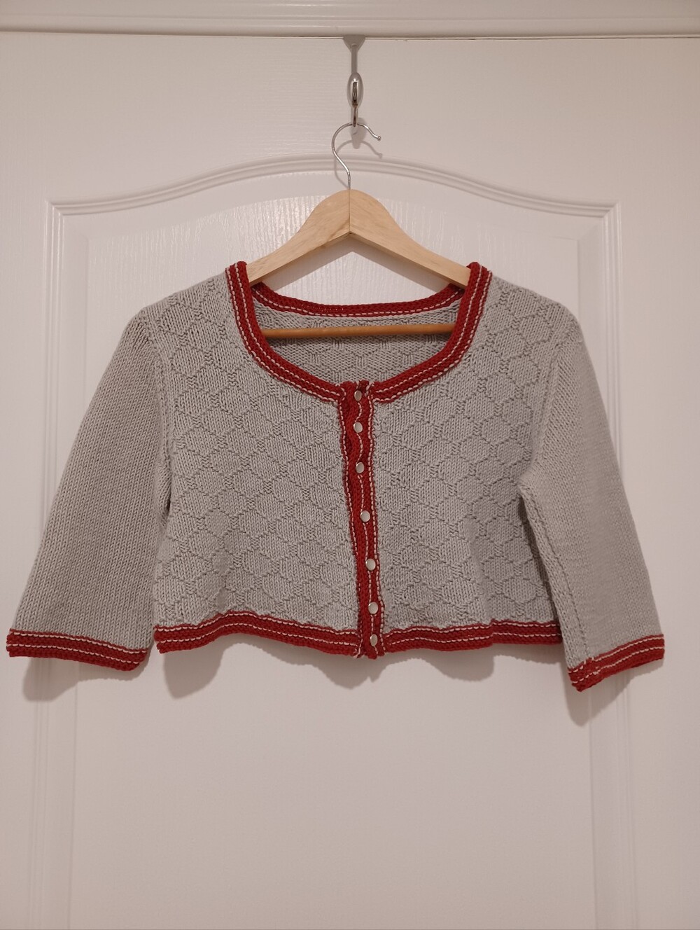 Handknit Cropped Cardigan With Red Trim